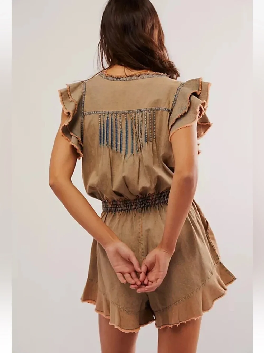 Free People FP One Naya Chambray Romper With Pockets Brown Flutter Sleeves S NEW - Picture 2 of 6